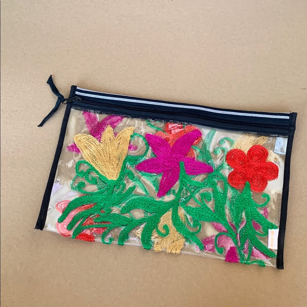 Transparent Pouch with floral embroidery/ perfect wet bikini bag!